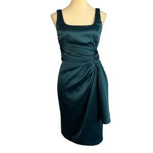 Maggy London Teal Satin Ruched Side Knot Cocktail Sheath Dress 6 Wedding Guest